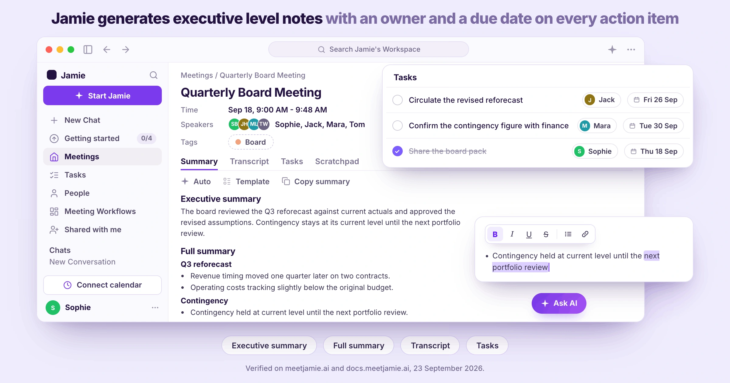 Jamie generates an executive summary, a full summary by topic, a transcript and action items with an owner and a due date.