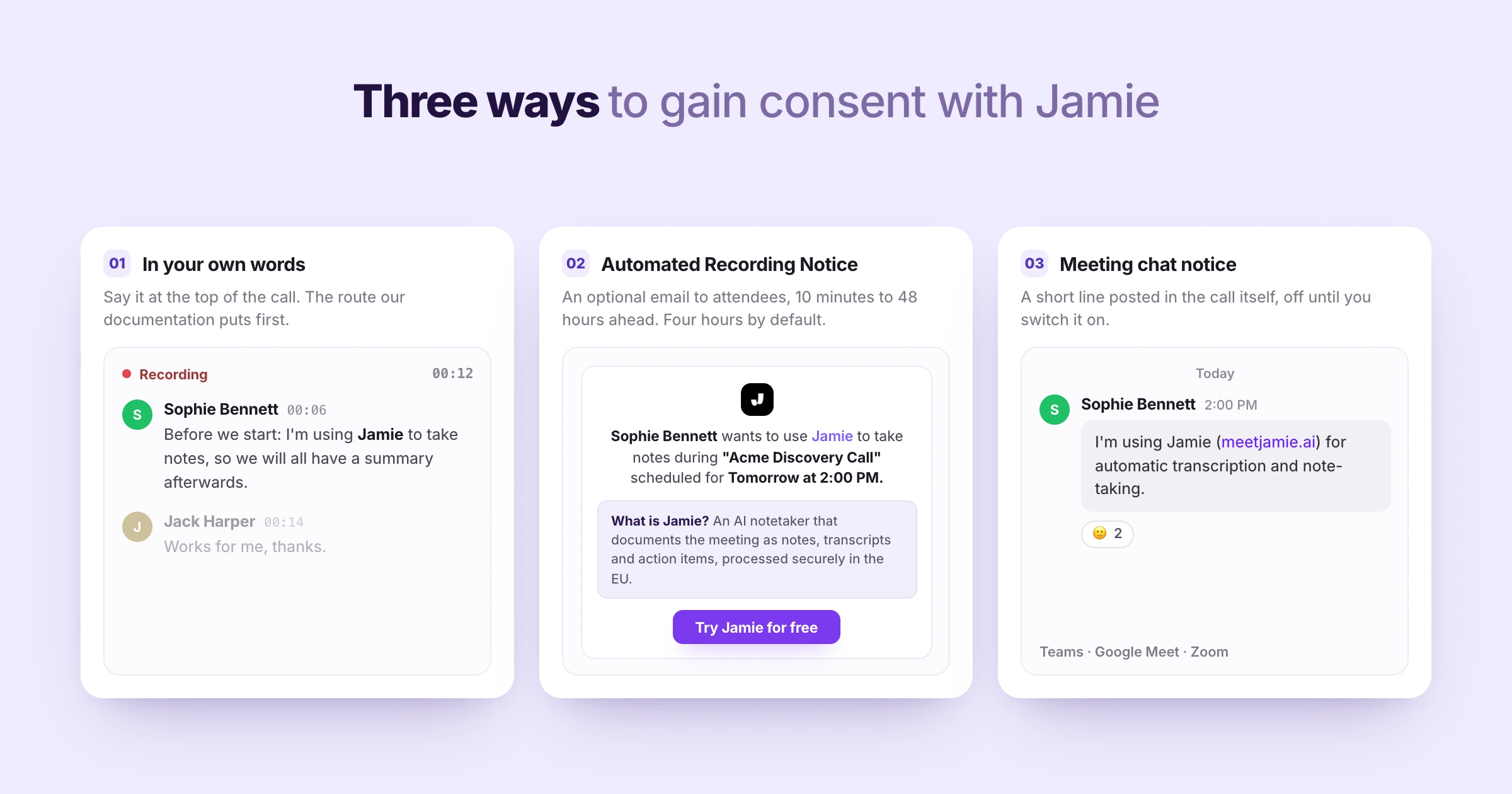 Jamie discloses recording three ways: verbal consent, an optional Automated Recording Notice email and a meeting chat notice.