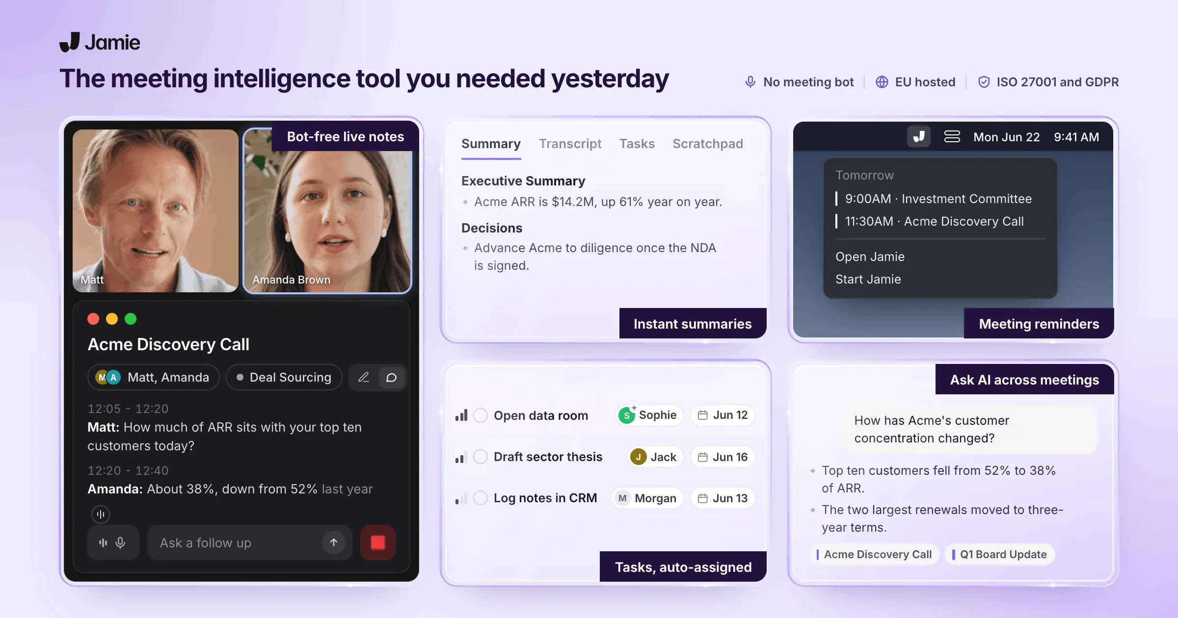 Jamie meeting intelligence: bot-free live notes, instant summaries, meeting reminders, auto-assigned tasks and Ask AI across meetings