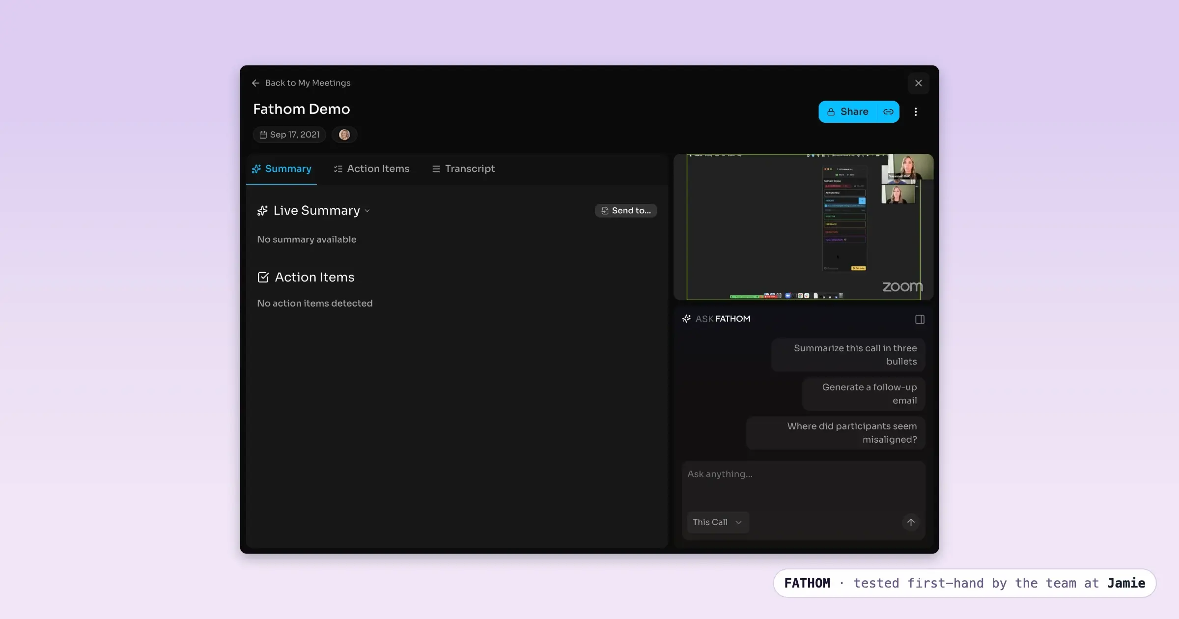 Fathom, an AI note taker, showing a call summary, transcript and chat panel
