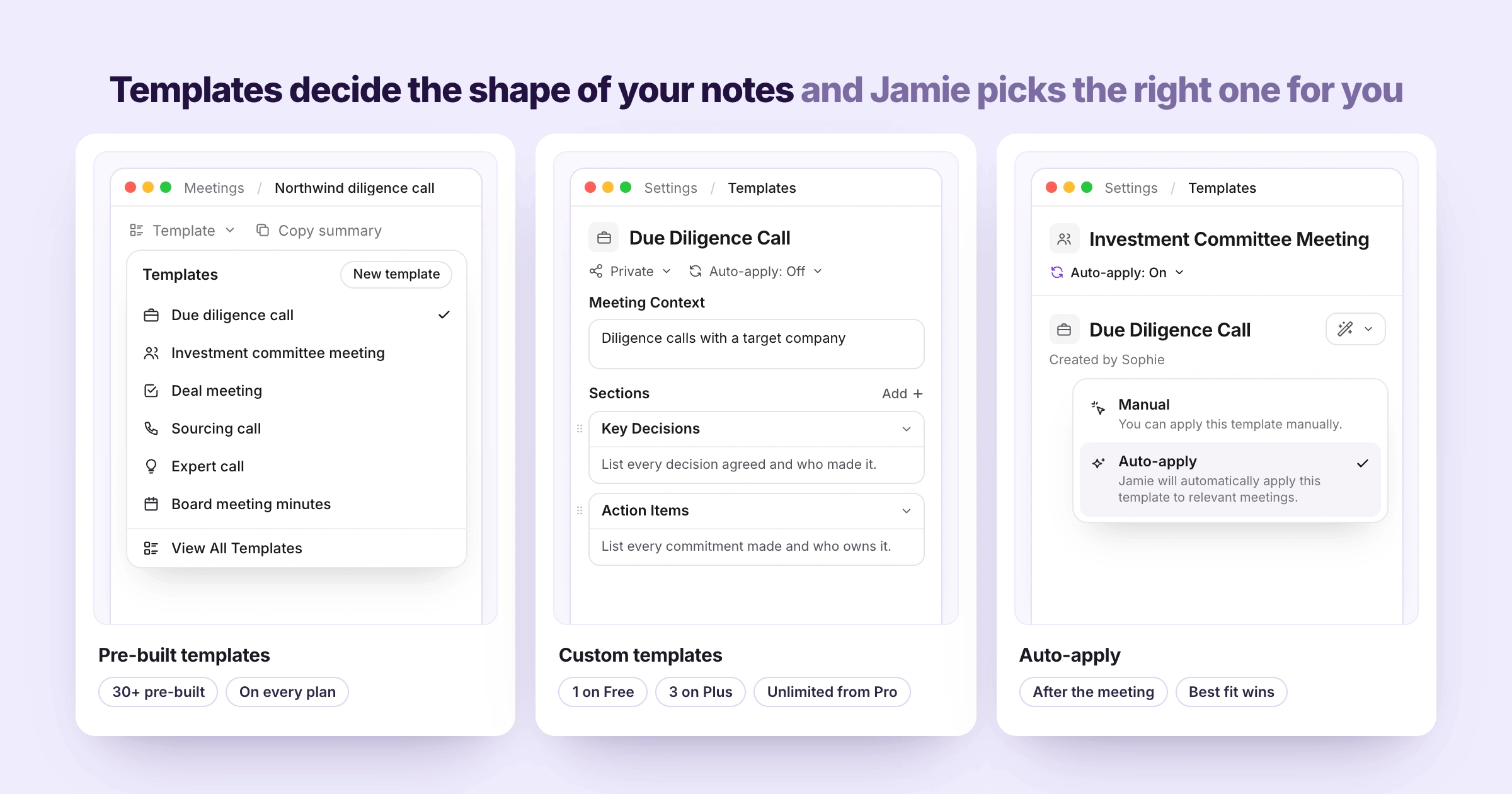 Jamie applies 30+ pre-built meeting templates, your own custom templates, and picks the right one automatically.
