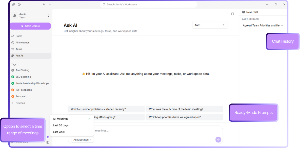 Jamie's Ask AI lets you query your entire meeting history in a chat-like interface. | best ai tools for sales meeting transcripts