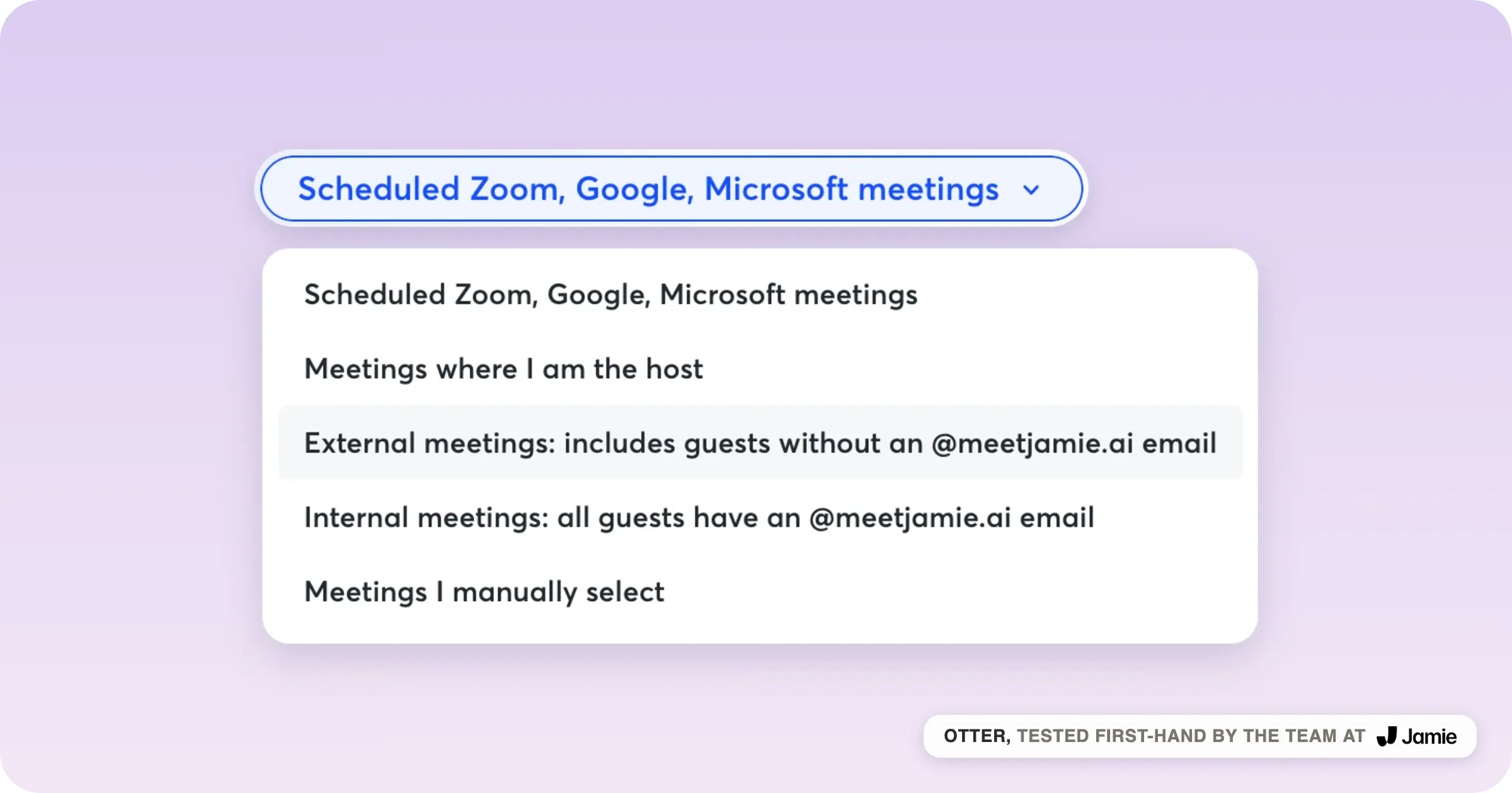 Otter auto-join menu with five rules controlling which meetings the assistant records